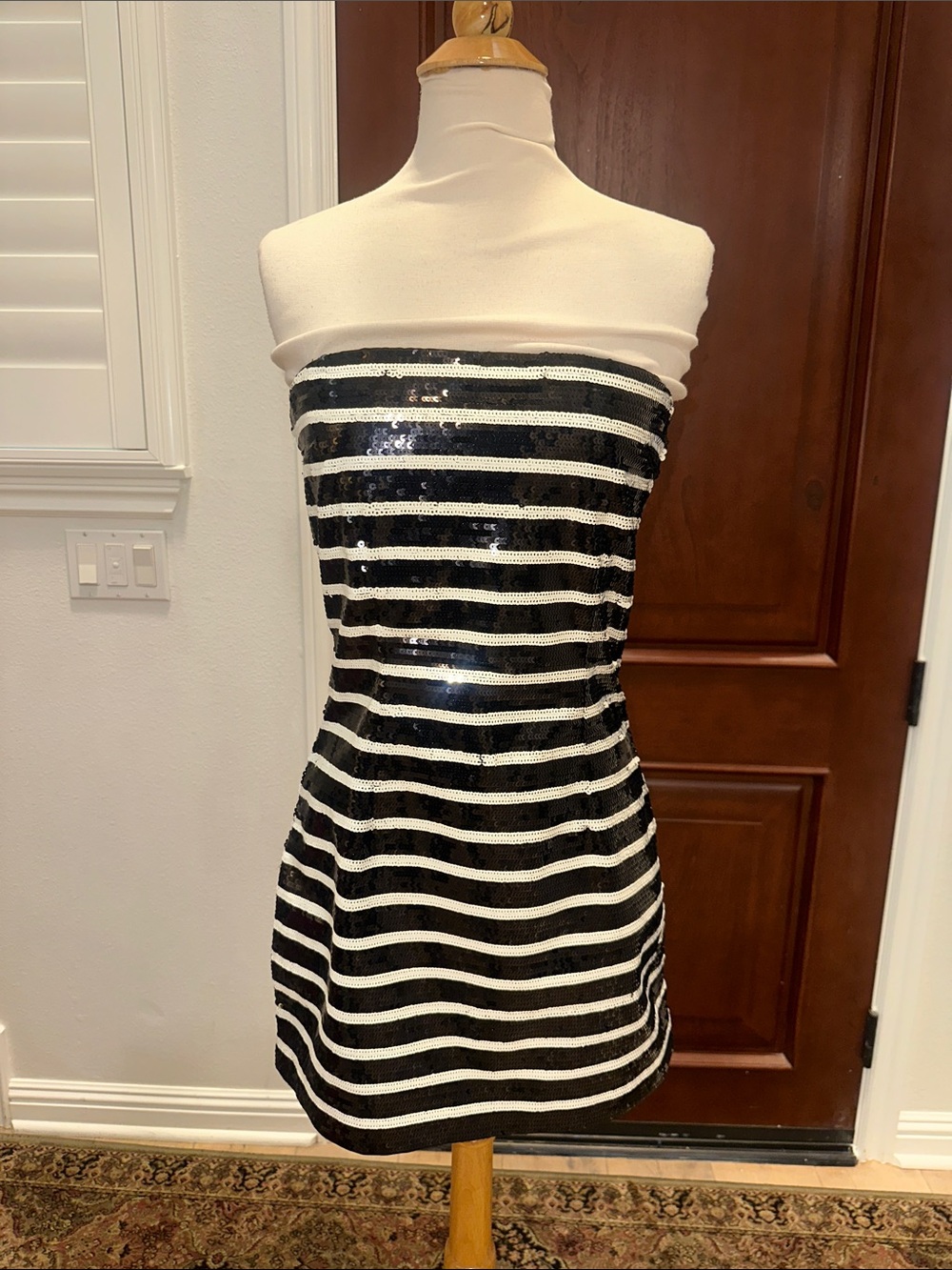 Veronica Beard Black and White Strapless Sequin Stripe Dress